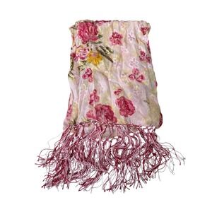 April Cornell Floral Rayon Fringe Pink Scarf Cottagecore Romantic Wrap Garden